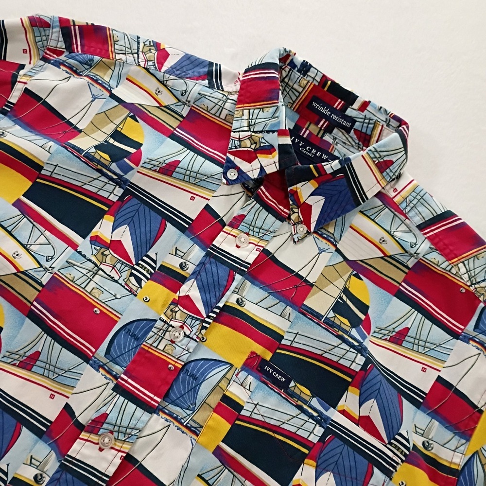 Ivy Crew‎ Mens Large Nautical S/S Shirt Sailing Wrinkle Resistant Boating